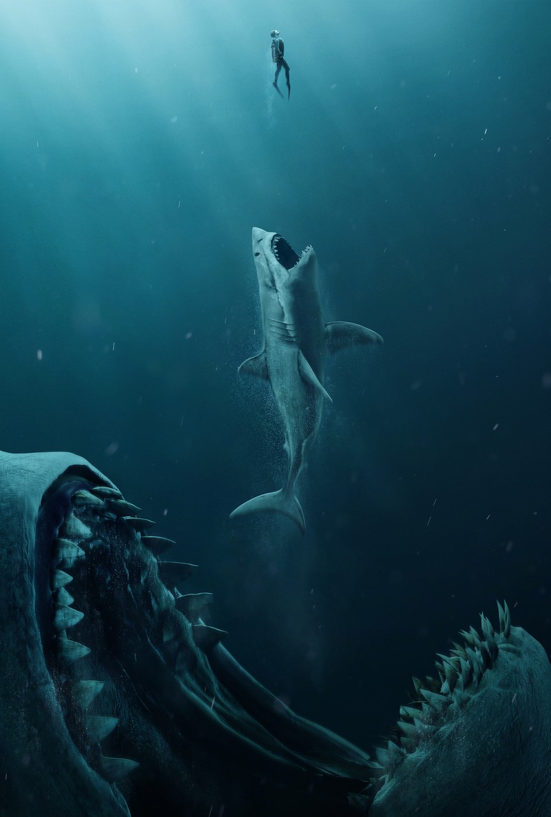 Акула с человеком, плавающим в океане с акулой (hd, мегалодон, megalodon, фильм, океан)