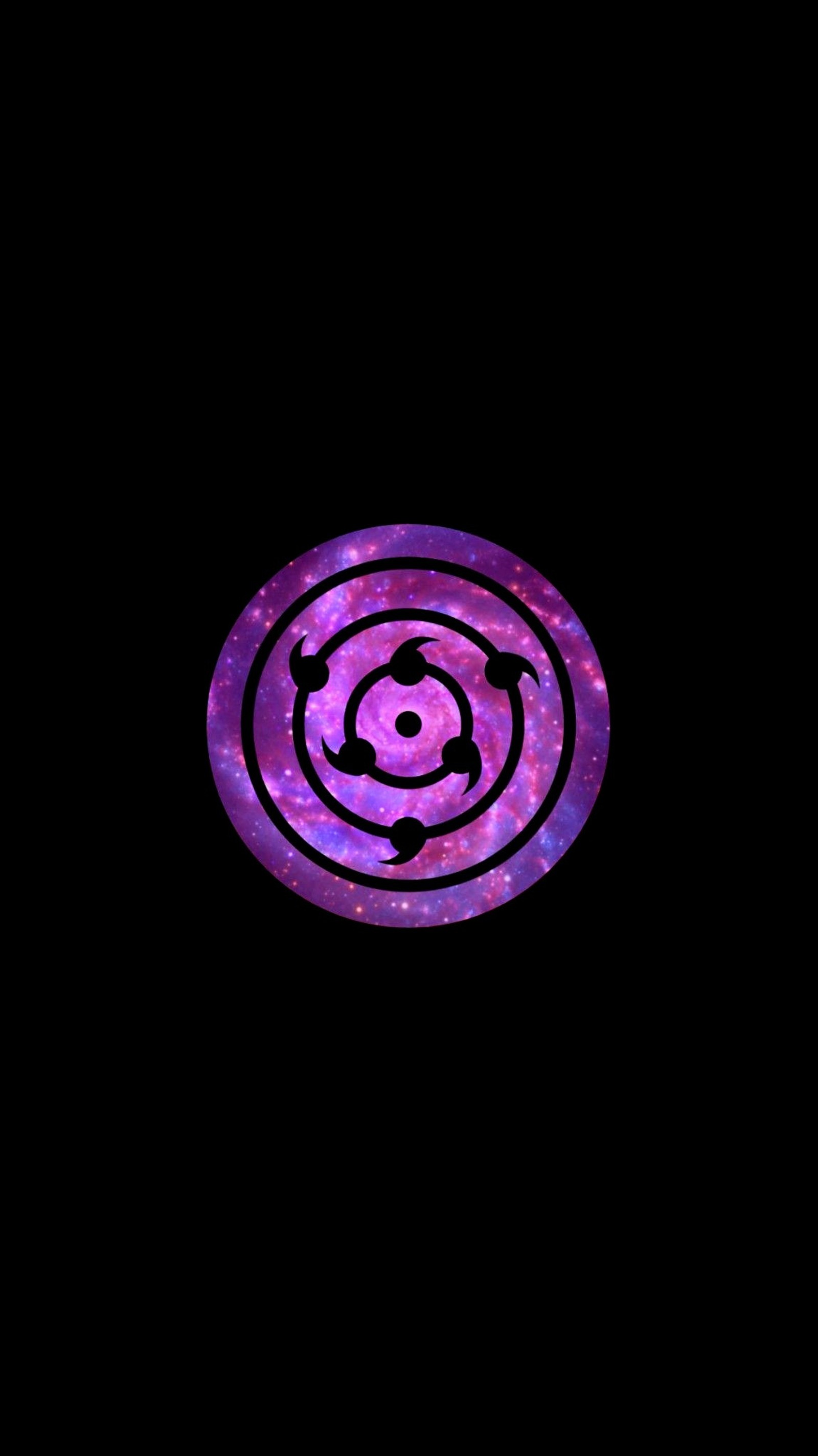 A close up of a purple and black circular logo on a black background (anime, eye, galaxy, iphone, naruto)