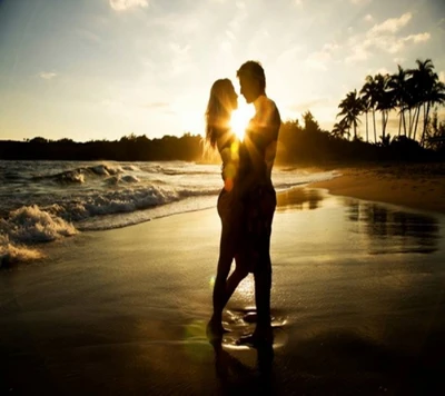 plage, couple, hd, câlin, baiser