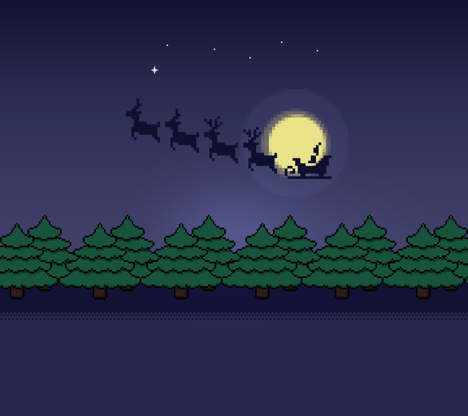 A pixel pixel style image of santa claus flying over a forest (christmas, xmas, holidays, winter)