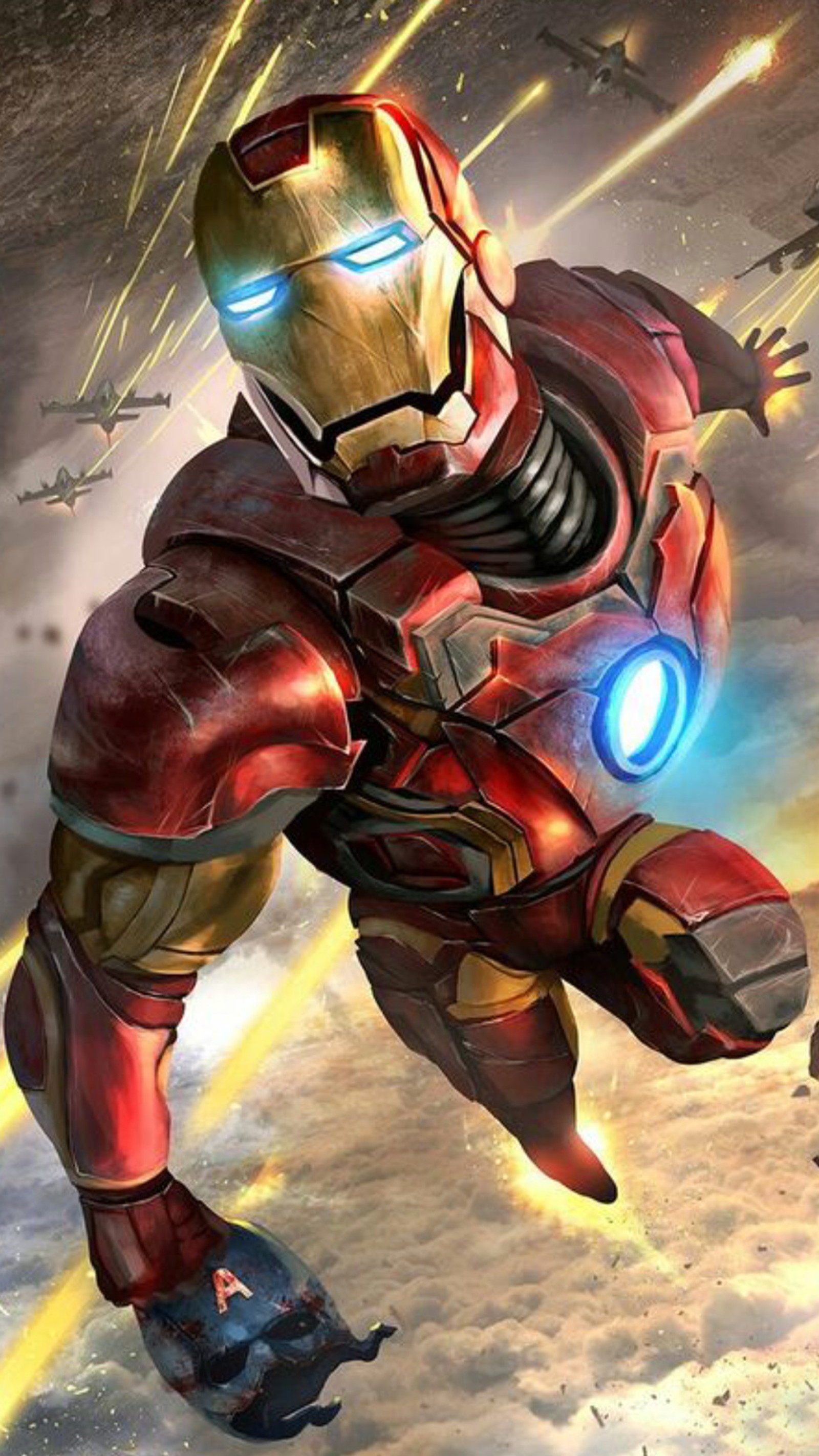 Iron man flying through the air with a light on his face (airplane, character, entertainment, fire, fly)