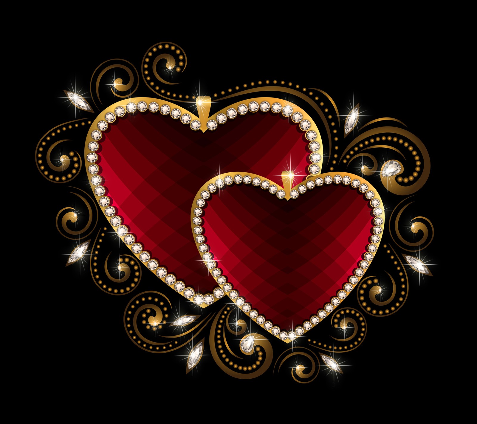 Two red hearts with diamonds and gold on a black background (brilliant, diamond, heart, love, luxury)