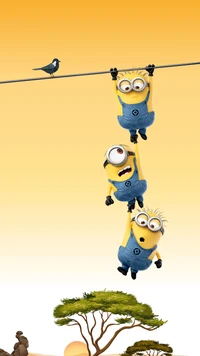 Three playful Minions hanging from a wire, with a bird perched above and a sunset backdrop featuring silhouettes of trees.