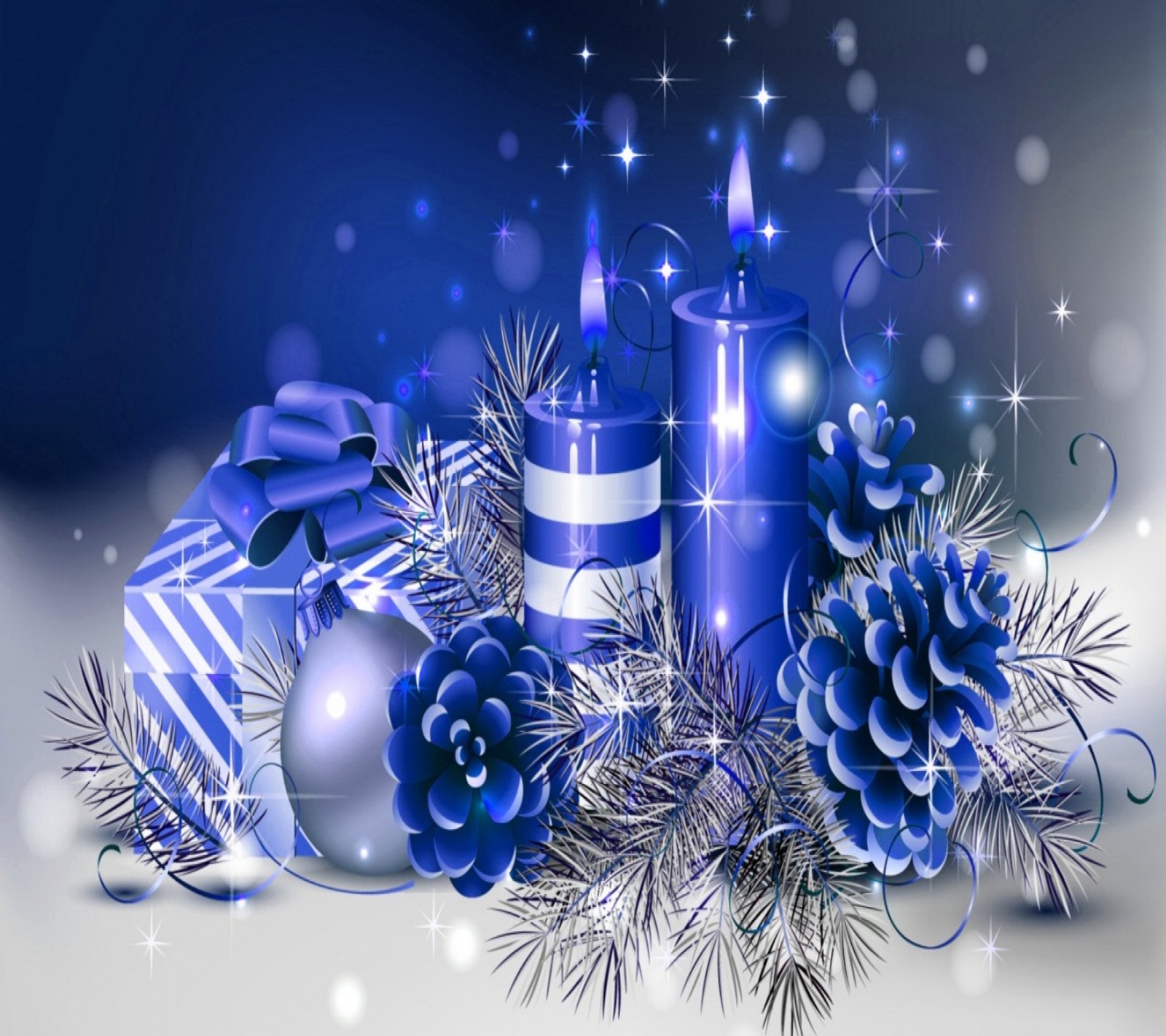 A close up of a candle surrounded by christmas decorations and a gift (blue, candle, holiday, winter, xmas)