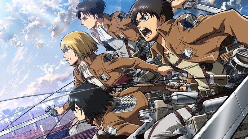 Аниме персонажи на лодке на фоне неба (mikasa ackerman, армин арлерт, armin arlert, атака титанов, attack on titan)