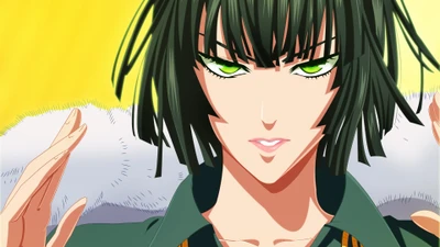 Fubuki from One Punch Man with striking green eyes and a confident expression.