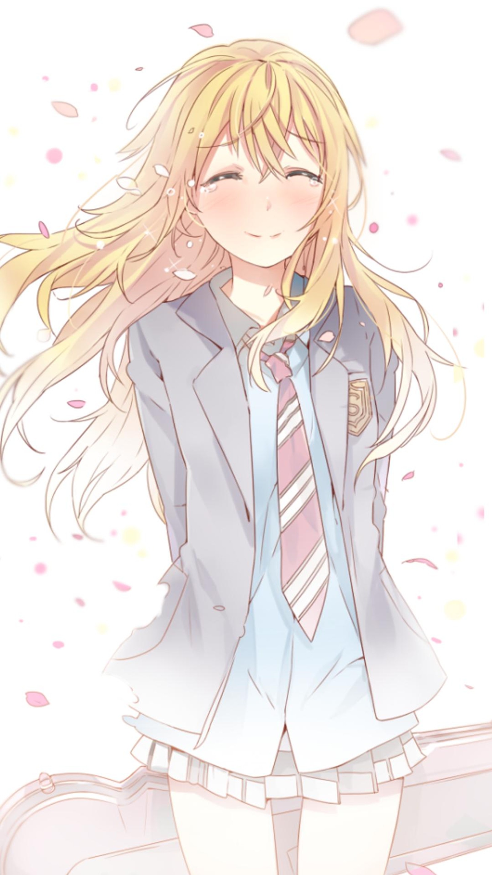 Garota de anime com cabelos loiros longos vestindo um terno e gravata azuis. (anime, shigatsu wa kimi no uso, sua mentira em abril, your lie in april)