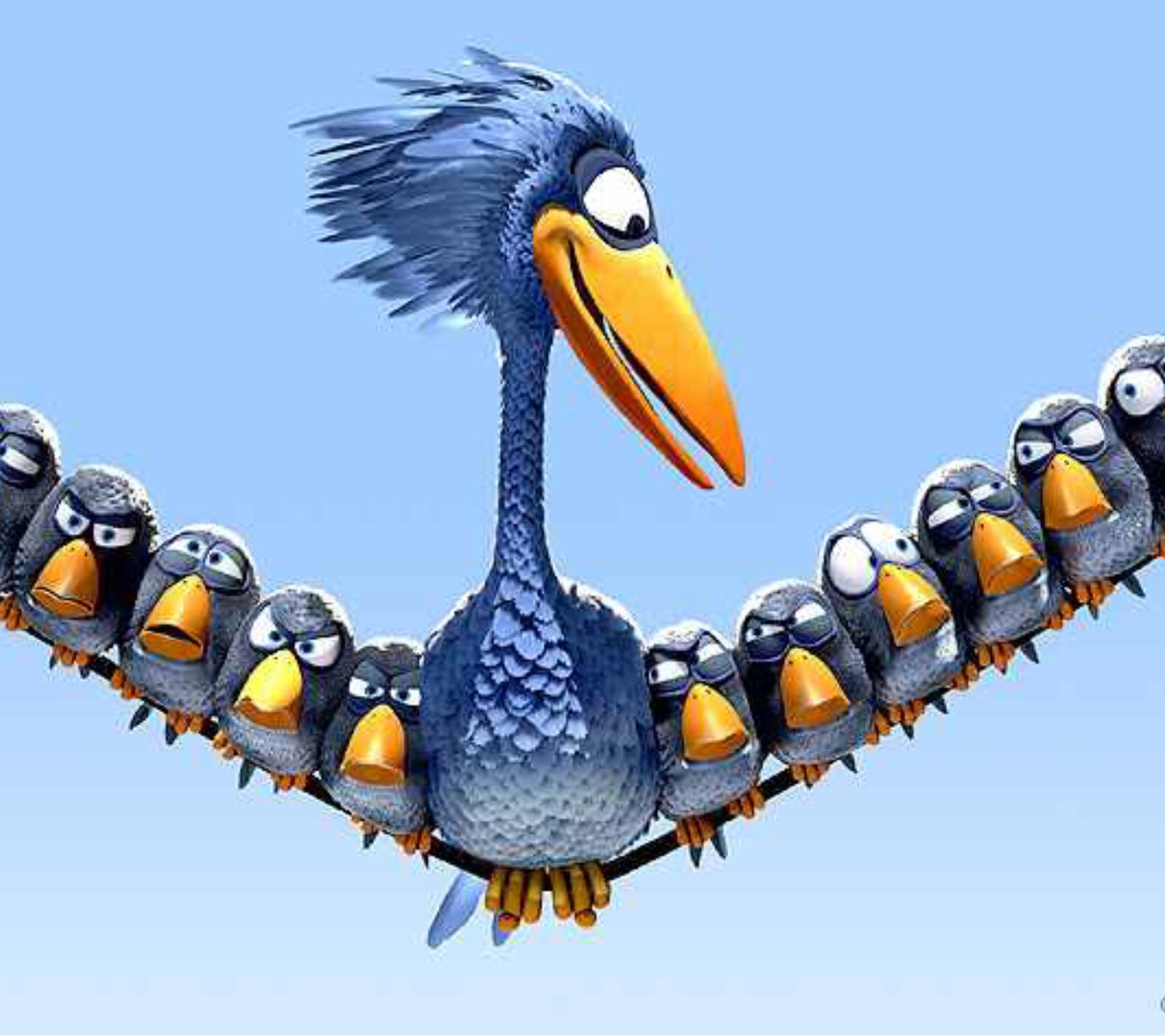 There are many birds that are flying together in the sky (angry, animated, big, birds, blue)