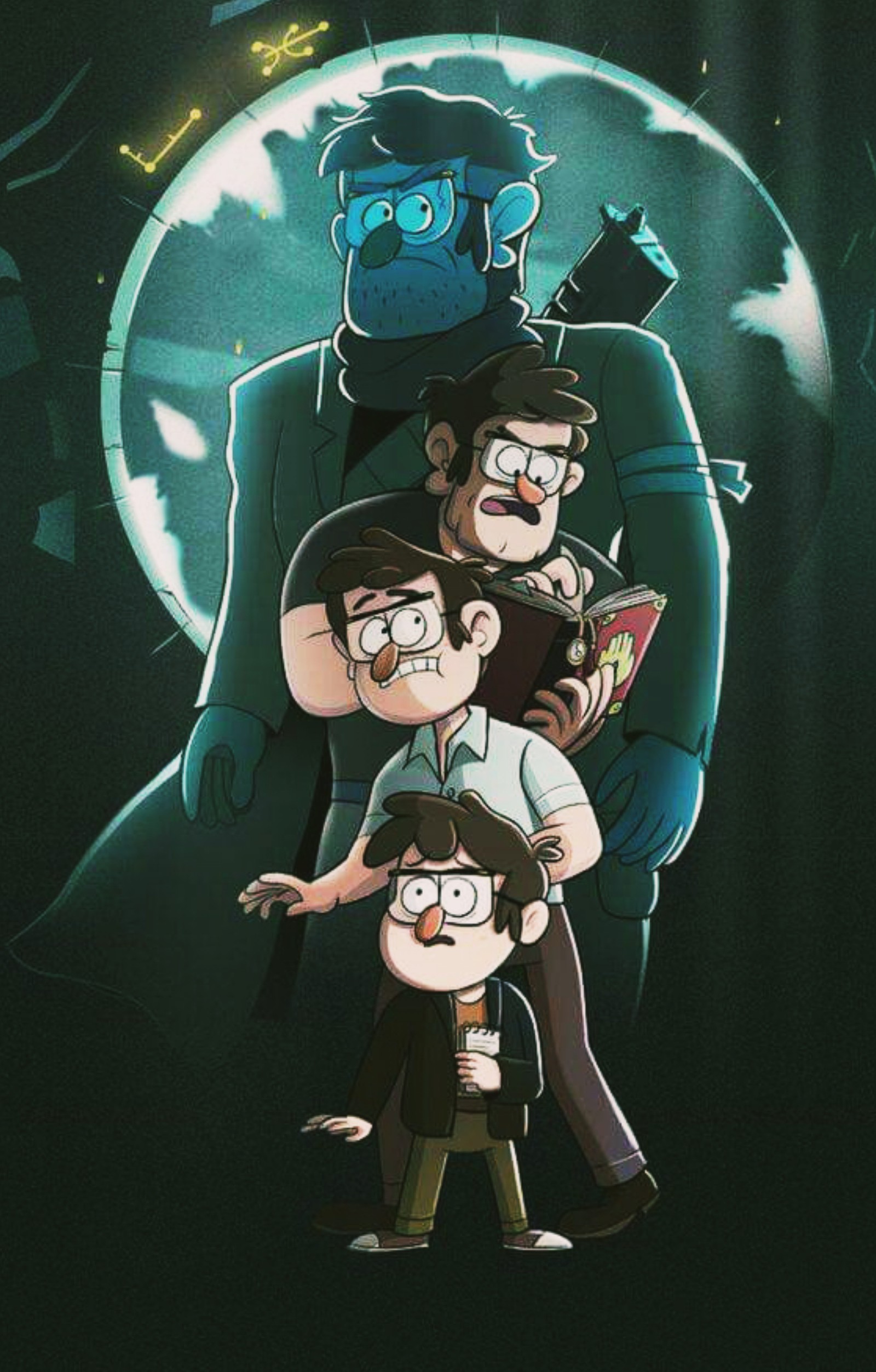 Una imagen de dibujos animados de una familia de tres personas de pie frente a una luna llena. (gravity falls, dipper and mabel)