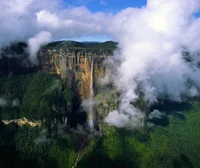 Engelwasserfall: majestätischer Wasserfall umgeben von üppigem Grün im Nationalpark Canaima, Venezuela