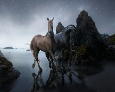 beach, black horse, coast, fantasy, horse