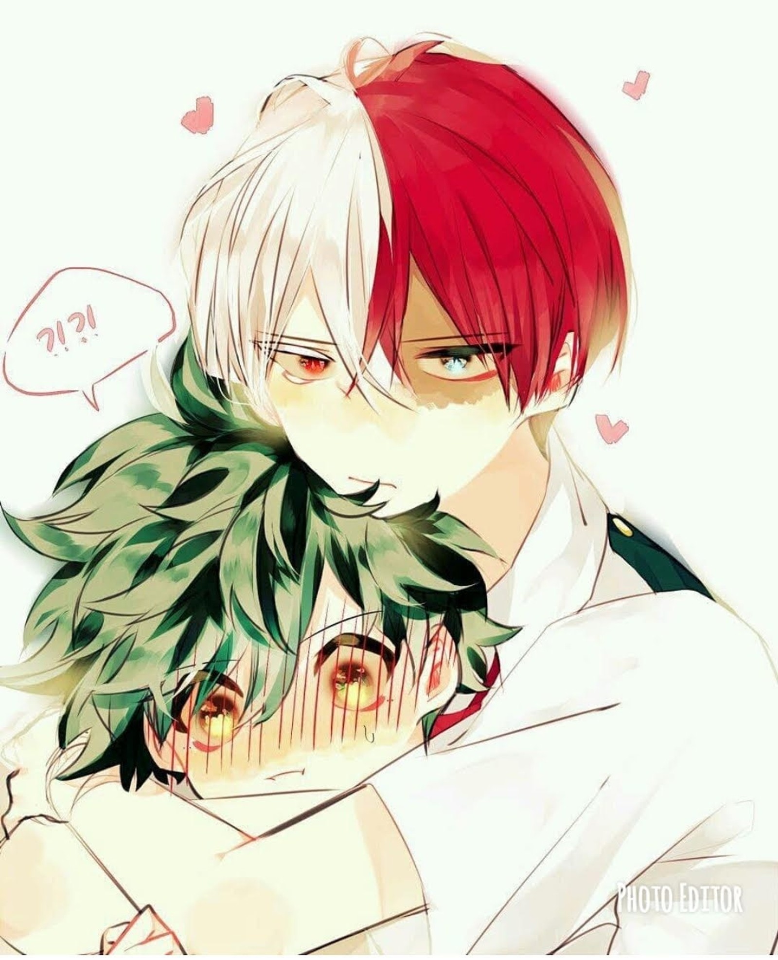 Anime boy with red hair hugging another boy with green hair (bnha, mha, midorya, my hero academia, tododeku)