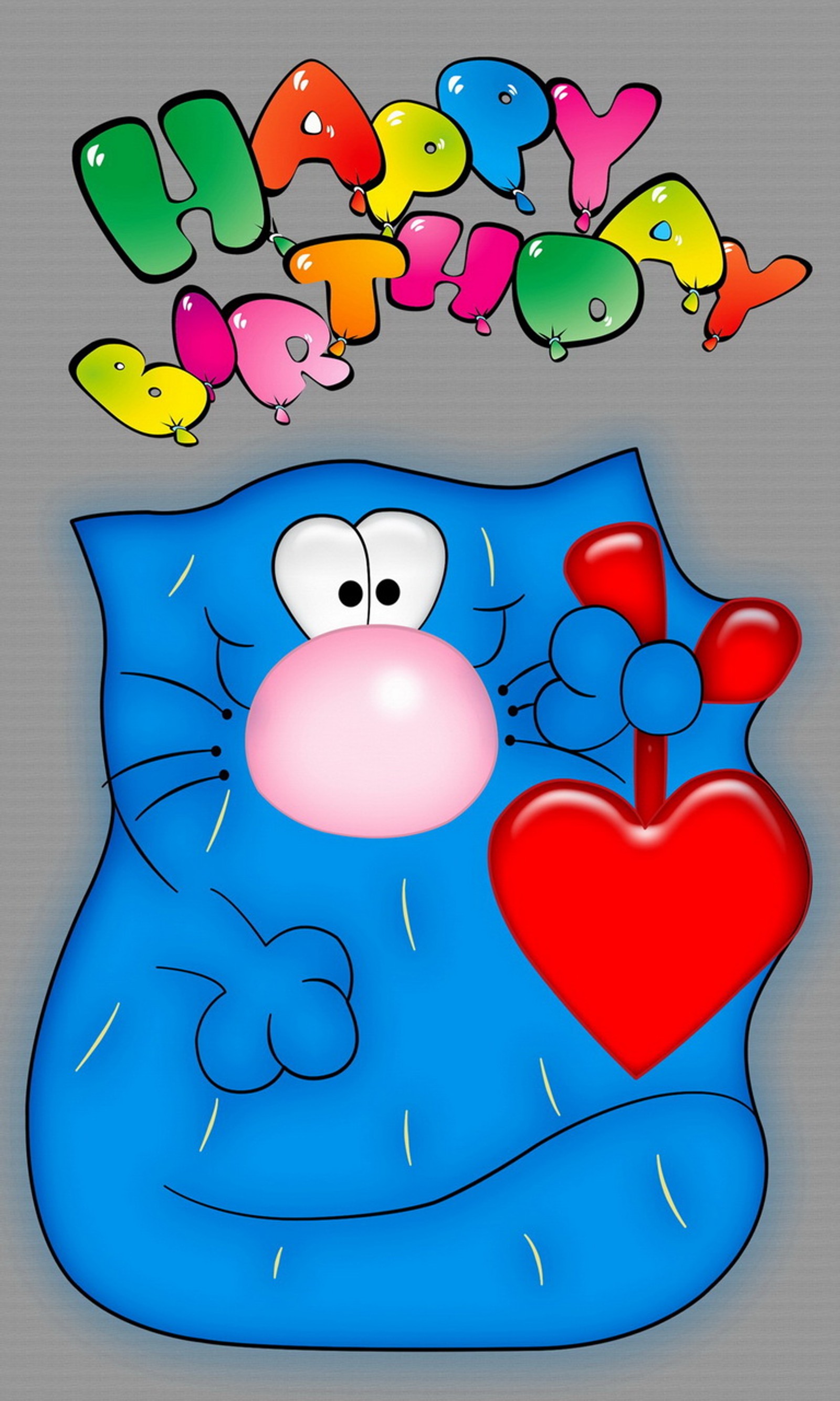 Cartoon cat with a heart in his hand and a happy birthday message above (birthday, blue, cat, funny, happy)