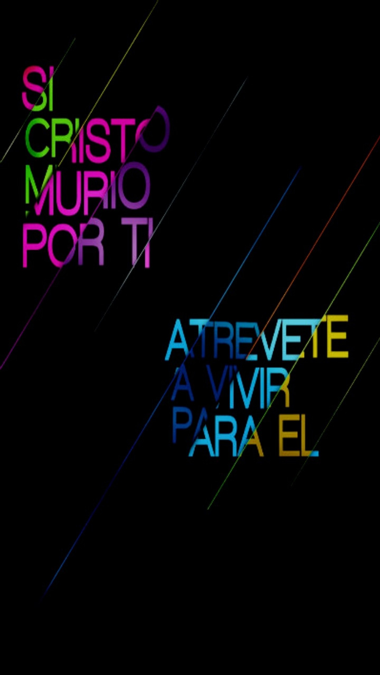 Primer plano de un fondo negro con texto colorido (cristo murio por ti, crist muerto para ti, atrevete, a vivir, para el)