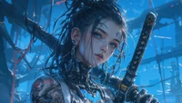 Guerrière cyberpunk : fille d'anime avec une épée dans un royaume futuriste