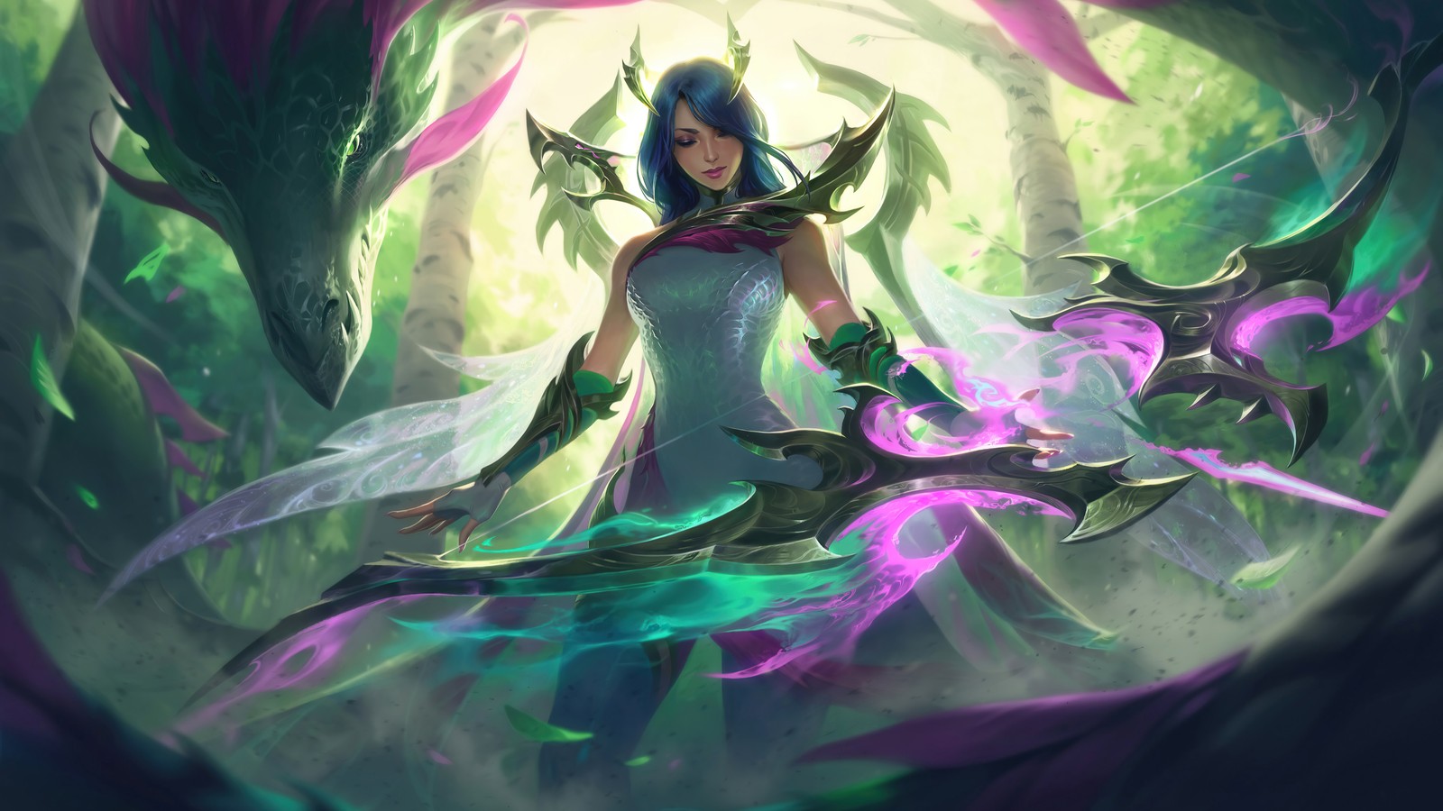 Una mujer con un vestido blanco sosteniendo una espada frente a un fondo verde y púrpura (dragón fae, ashe, lol, league of legends, videojuego)