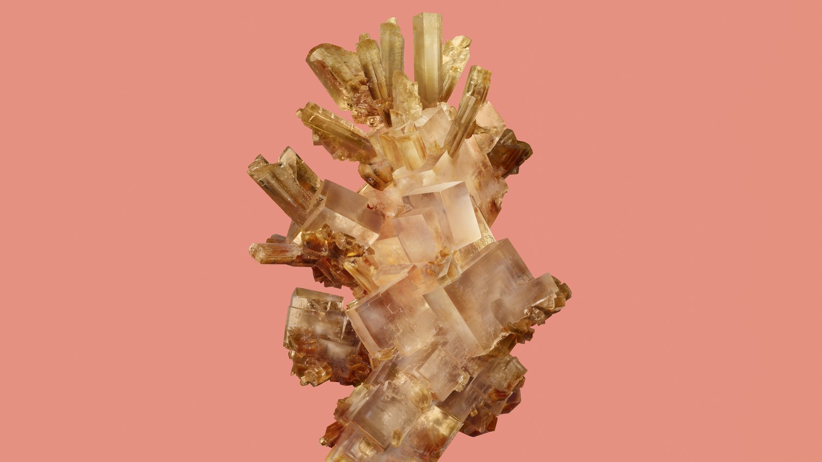 A close up of a cluster of crystals on a pink background (google pixel 8, pastel background, fractal, 5k, sapphire)