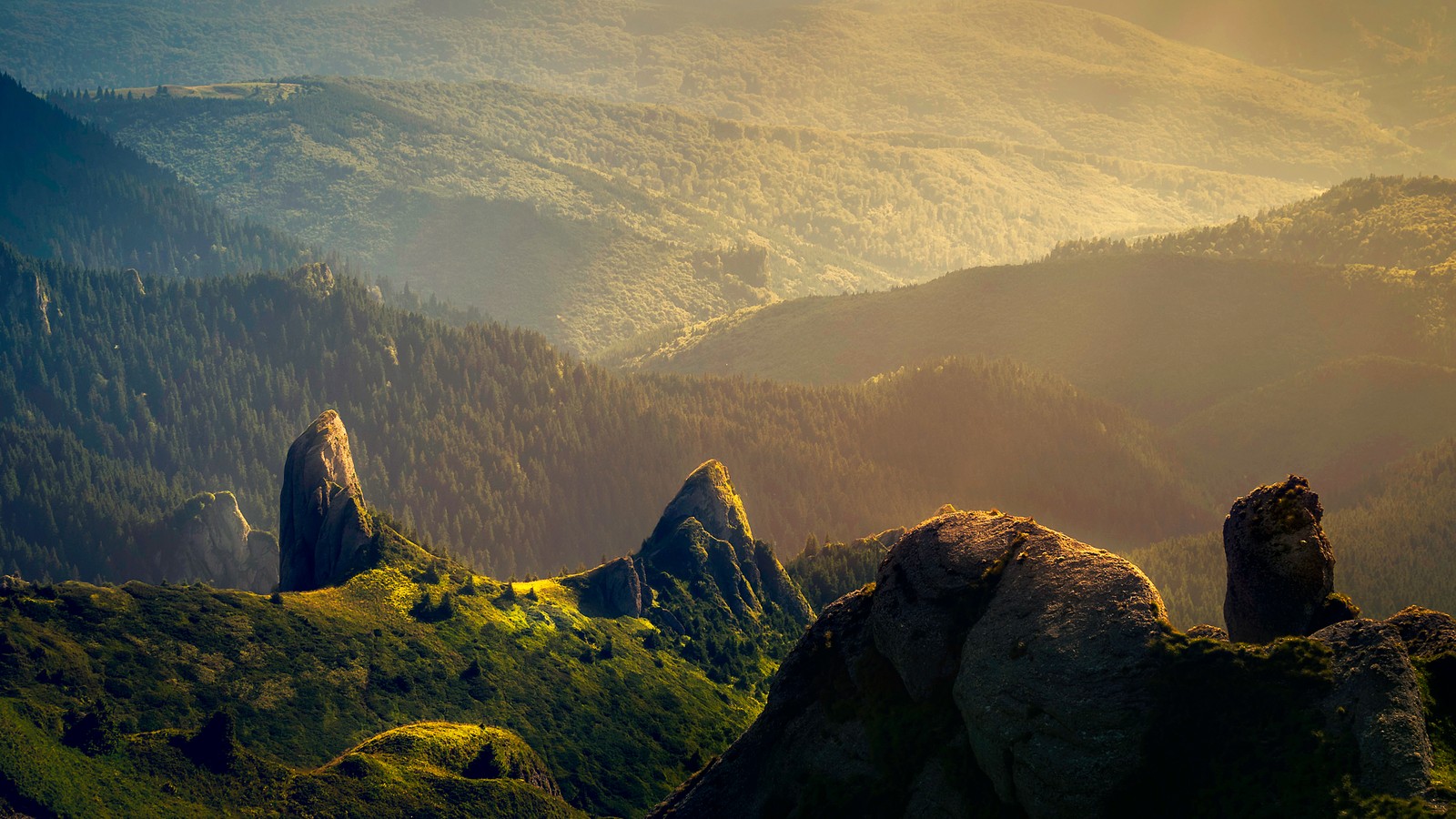 Montagnes avec quelques pierres et quelques arbres au loin. (montagnes, paysage vert, ensoleillement, nature, fond décran 4k)