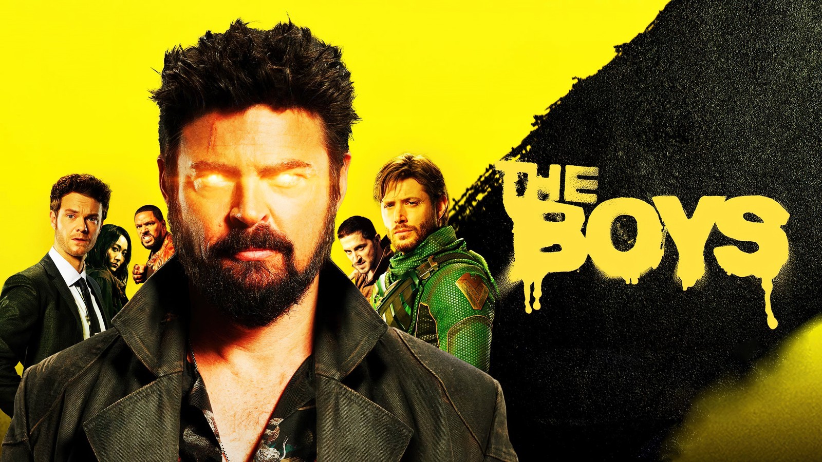 Un primer plano de un hombre con barba (los chicos, fondo amarillo, karl urban, billy butcher, series de televisión)