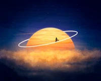 A tranquil silhouette of a cyclist riding around a luminous, ringed planet amidst a dreamy sky filled with soft clouds and stars.