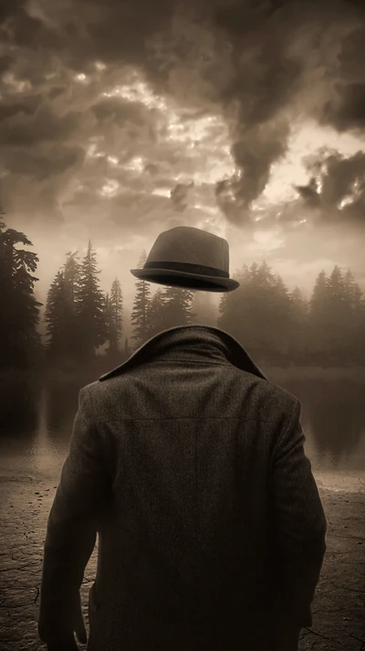 Mysterious Figure in Foggy Landscape with Floating Hat