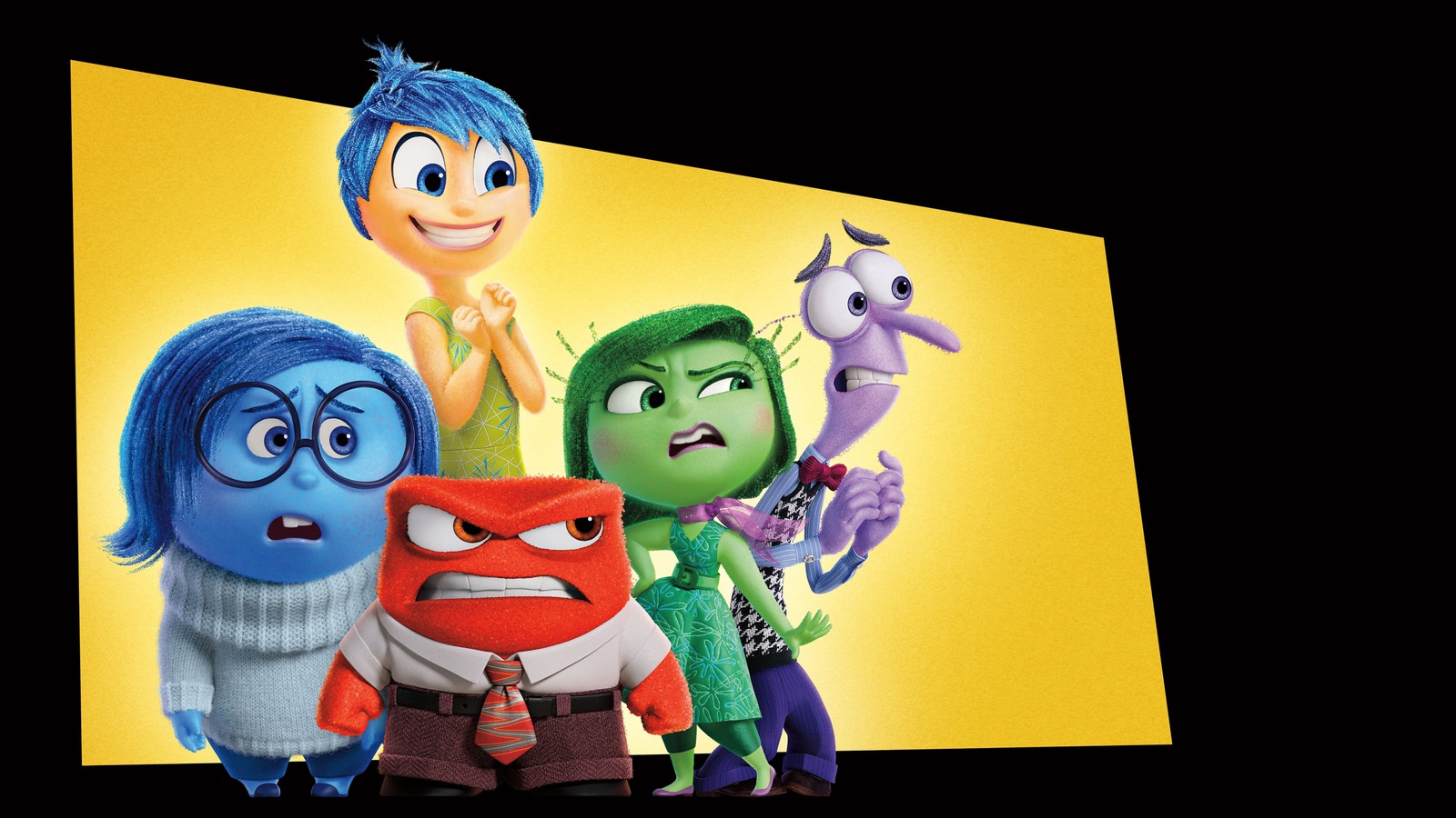 A group of cartoon characters are standing together in front of a yellow background (inside out 2, black background, joy inside out, sadness inside out, anger inside out)