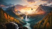 sunrise, forest, mountain, waterfall, nature