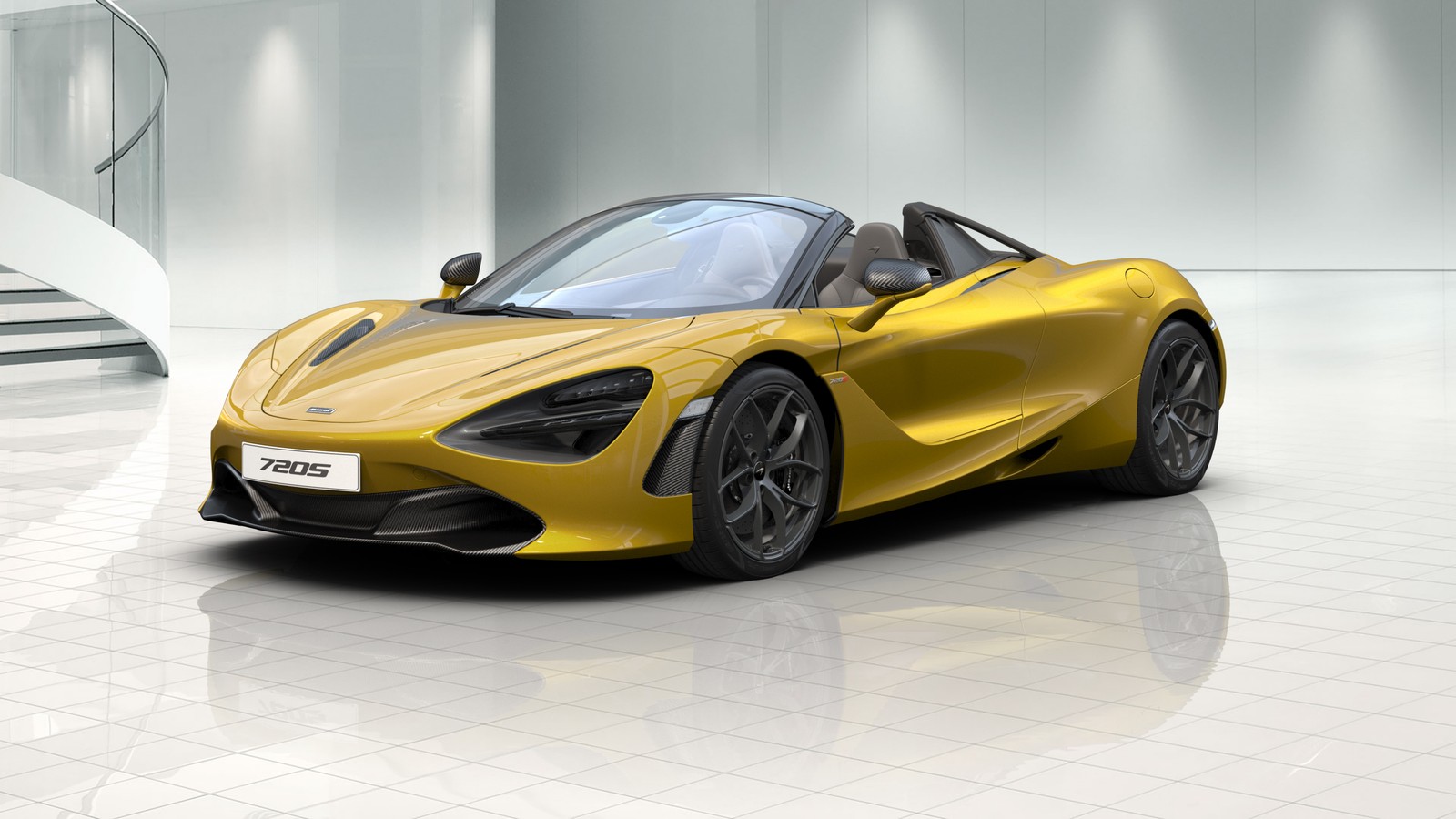 A yellow sports car parked in a white room with stairs (mclaren, car, mclaren automotive, sports car, supercar)