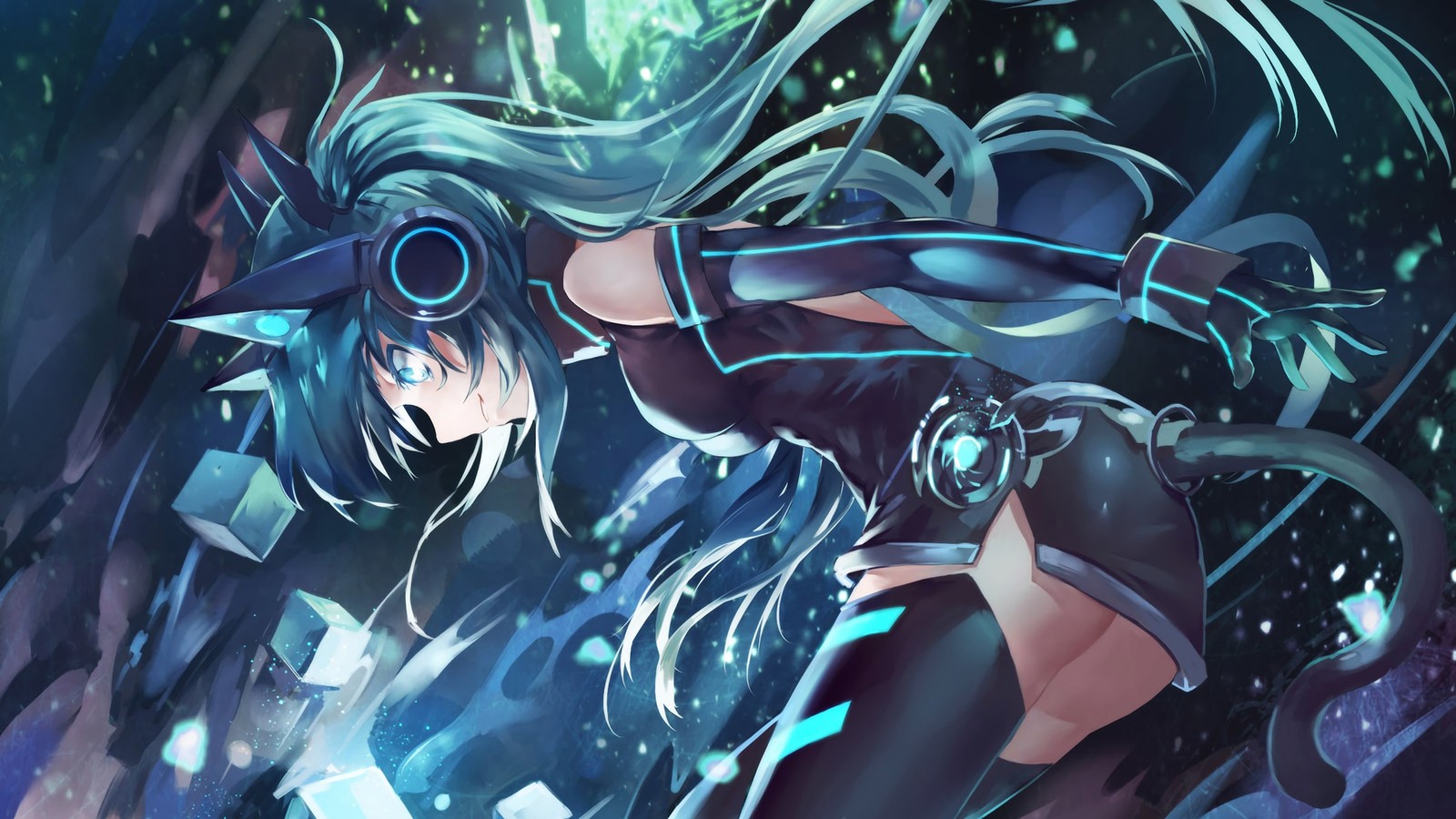 A woman with long hair and goggles is standing in the dark (hatsune miku, vocaloid, anime, illustration, graphics)