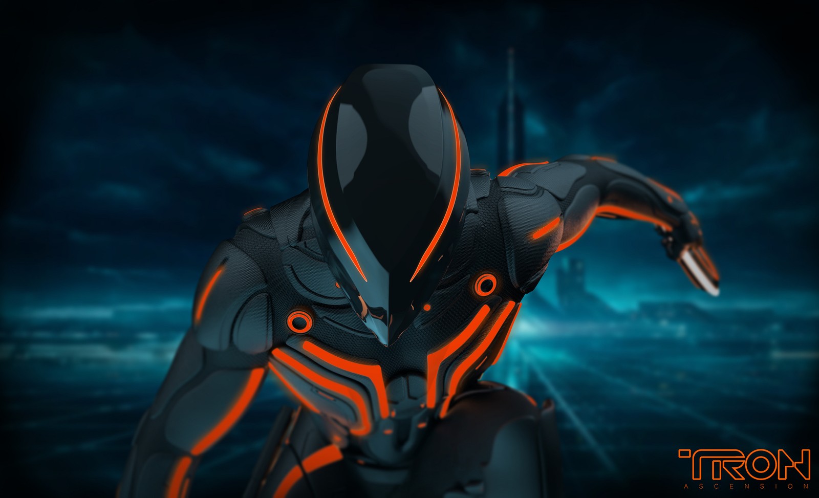 A close up of a person in a suit with a glowing face (tron ascension, concept art, tron 3, sci fi, 4k wallpaper)