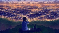 Noite serena com vista: Garota de anime e gato desfrutam das luzes da cidade