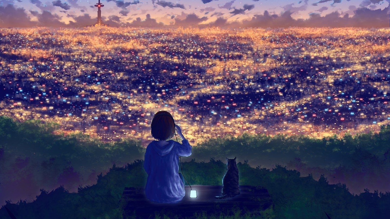 night, anime girls, cat, scenery wallpaper