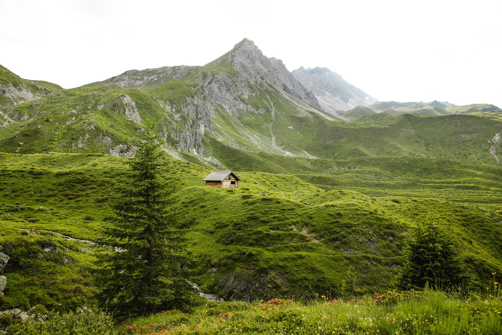 Eine ansicht einer kleinen hütte inmitten eines grasbewachsenen berges (gebirgige landformen, hochland, berg, bergstation, natürliche landschaft)