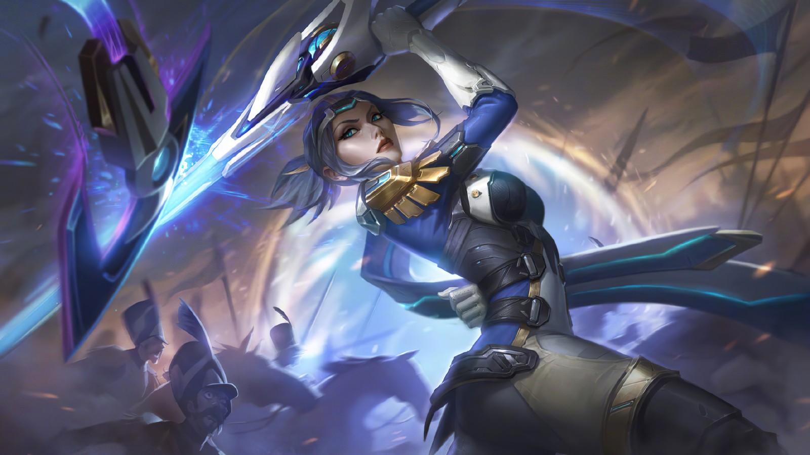 A woman in a blue outfit holding a sword and a sword (pulsefire, fiora, skin, splash art, league of legends)