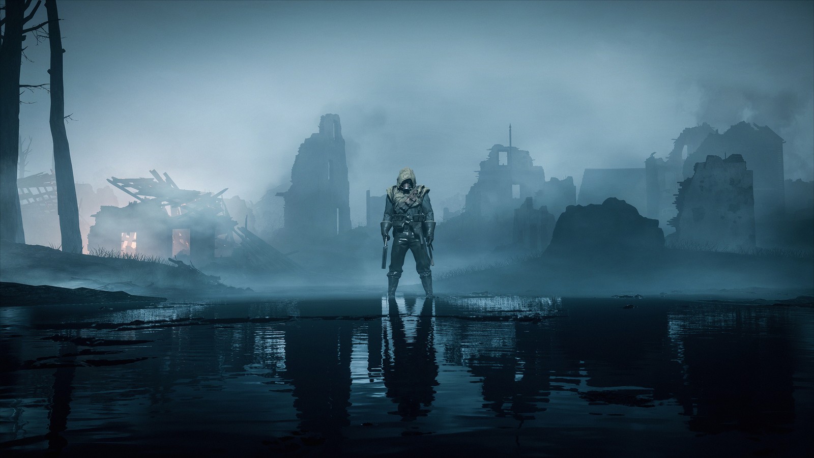 A man standing in the middle of a swamp with a city in the background (pc game, dice, battlefield 1, action adventure game, games)