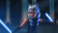 Ahsoka Tano wielding lightsabers in a tense moment from "Star Wars: The Clone Wars.