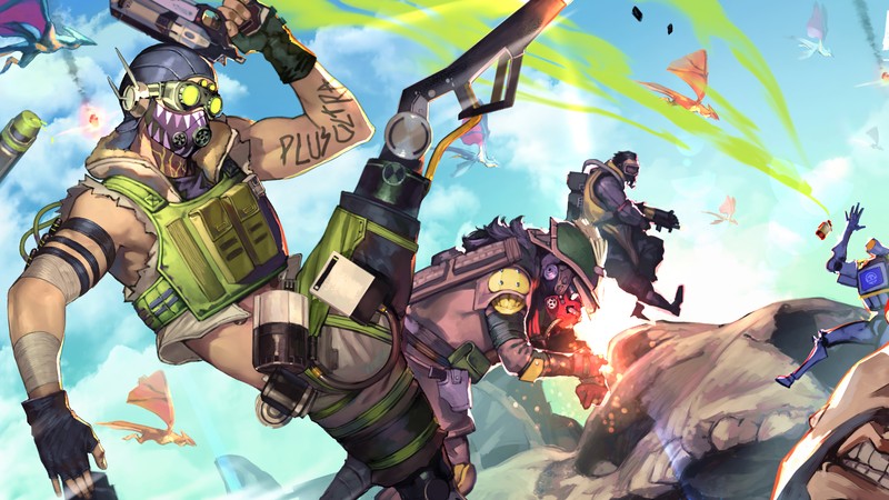 Группа людей на поле с оружием и другими персонажами (apex legends, видеоигра, октан, кровавый следопыт, каустик)