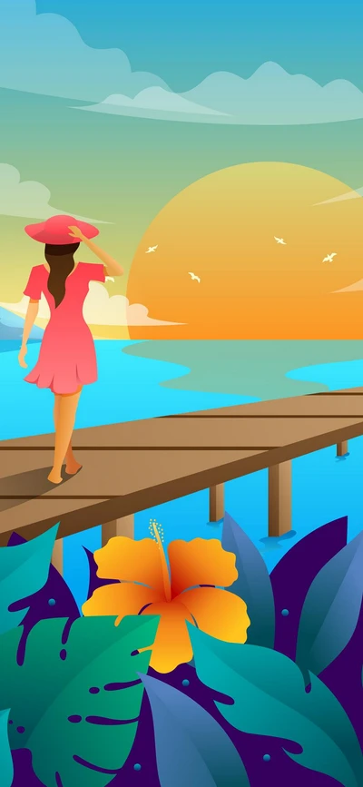 Serene Sunset Escape: A Woman Strolling on a Pier Surrounded by Vibrant Nature