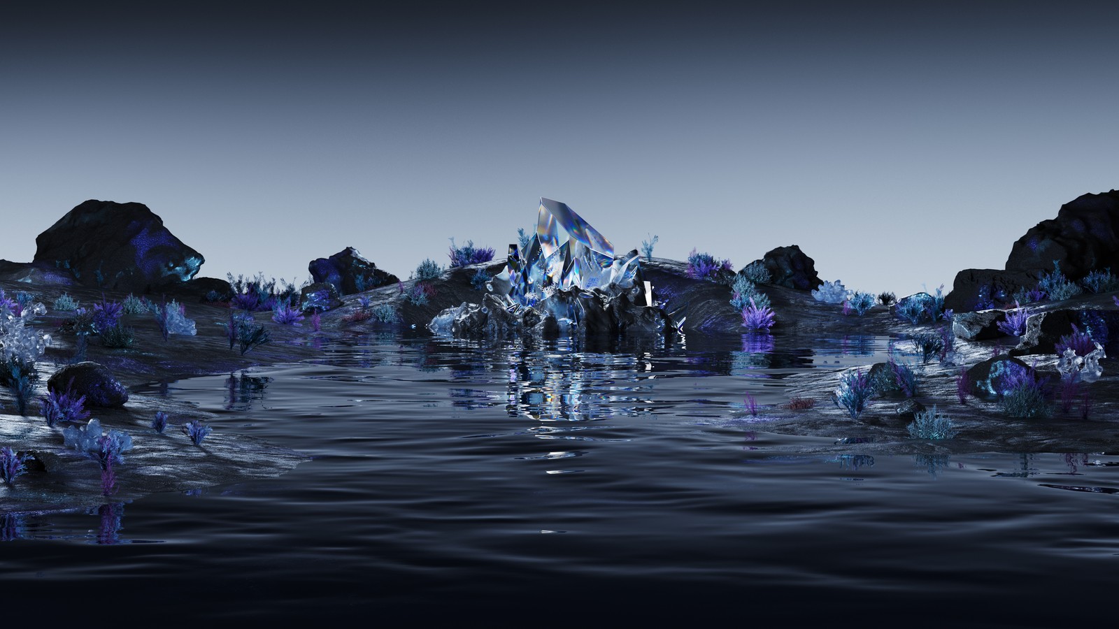 midnight blue, crystal, landscape, surreal, body of water wallpaper