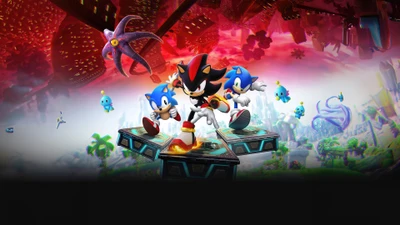 Sonic et Shadow s'unissent dans un paysage vibrant et riche en action, avec des éléments et des personnages emblématiques de jeux vidéo.