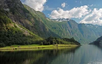 Vista panorâmica do Fiorde de Geiranger mostrando planaltos exuberantes, montanhas dramáticas e reflexos tranquilos nas águas serenas.