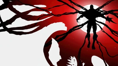 Venom: Lass Carnage sein - Dynamisches Poster mit ikonischen Silhouetten und dramatischem roten Hintergrund