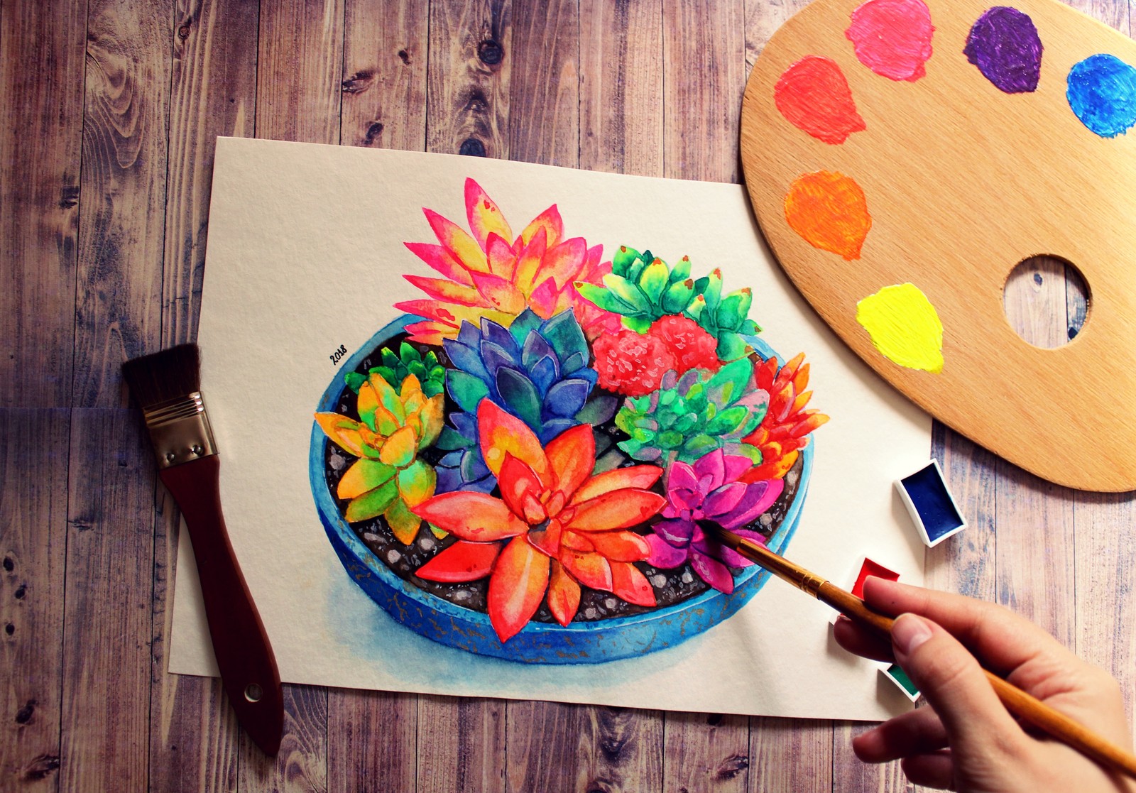 Someone is painting a potted plant with colorful leaves and a brush (drawing, watercolor painting, painting, artist, art)