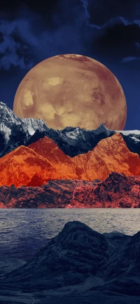 Paysage majestueux avec une lune martienne au-dessus des montagnes terrestres