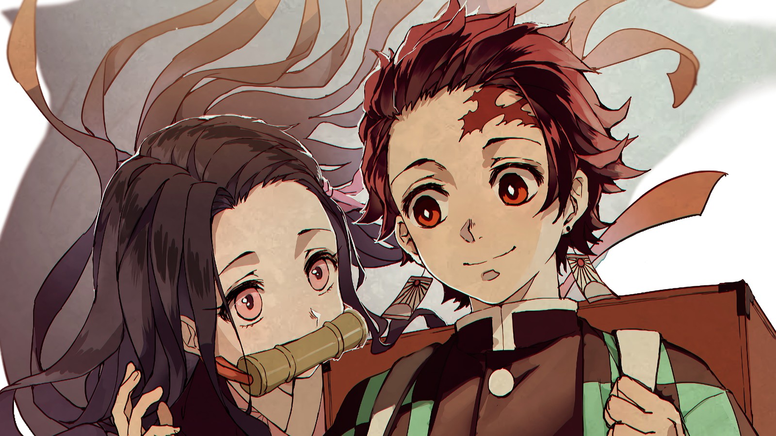 Anime-charaktere mit einer großen tüte essen in den händen (tanjiro kamado, nezuko kamado, kimetsu no yaiba, anime, dämonentöter kimetsu no yaiba)