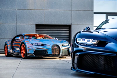 Bugatti Chiron Super Sport dans une lumière vibrante avec vitrine de supercars