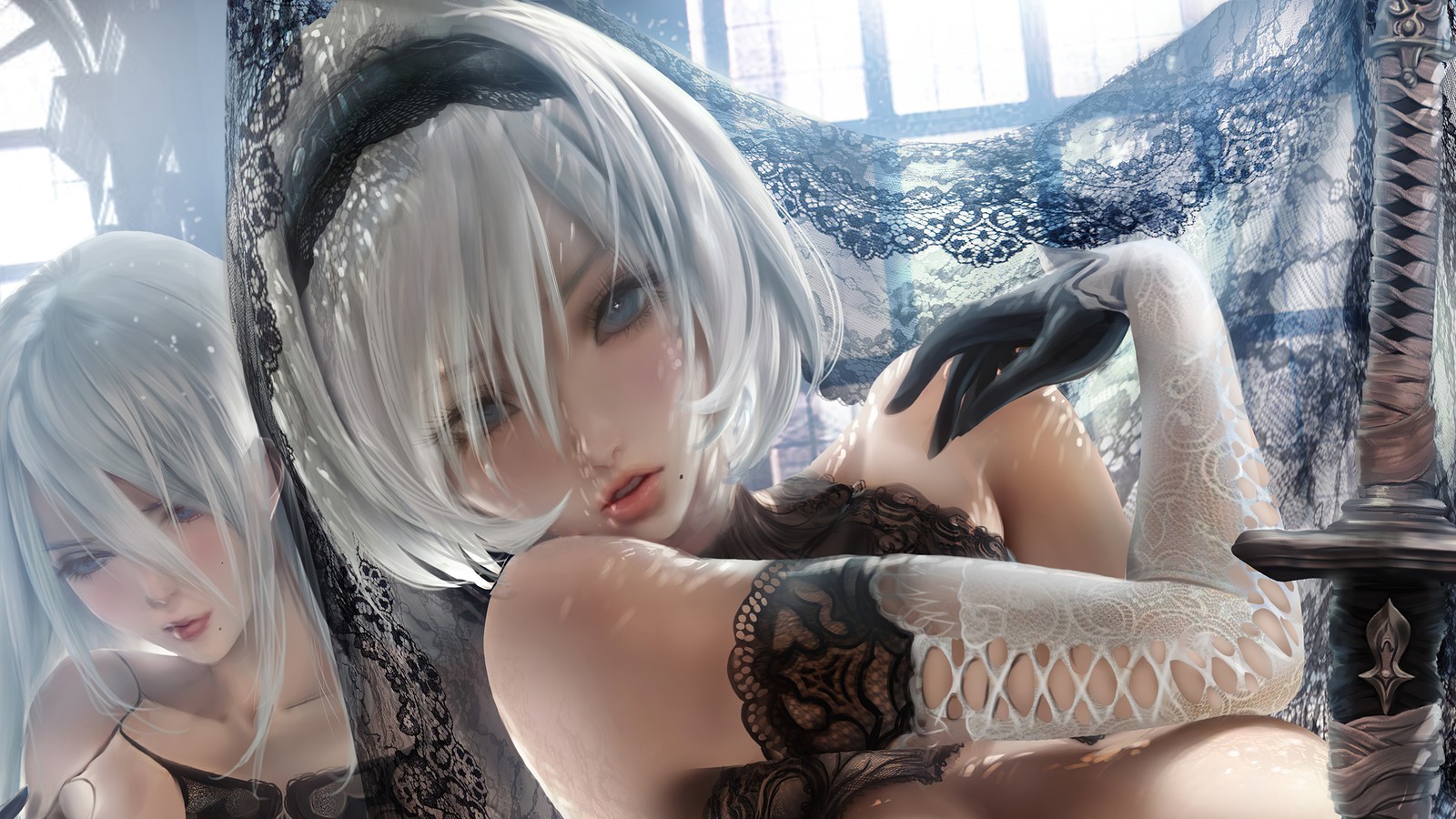 Chica de anime con cabello blanco y guantes negros posando en un espejo (yorha 2b, yorha no 2 tipo b, yorha no 2 type b, a2, nier automata)