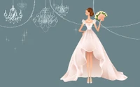 Elegante Hochzeitsillustration mit einer Braut in einem fließenden Kleid, die einen Blumenstrauß hält, vor dem Hintergrund von kunstvollen Kronleuchtern.