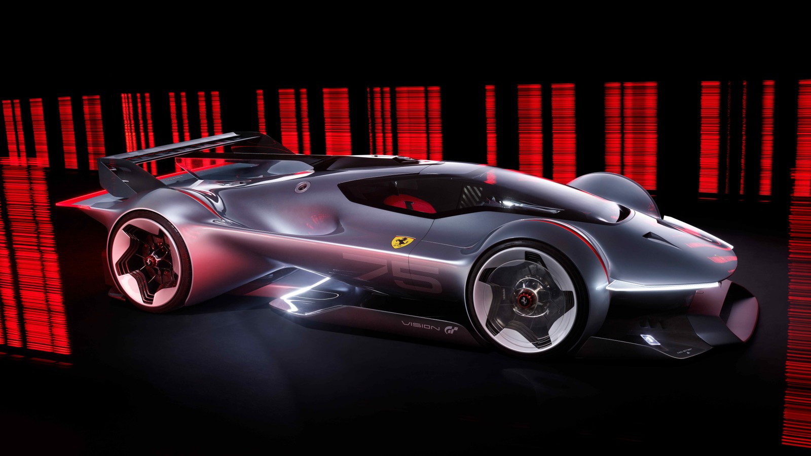 A silver car with red lights on it in front of a red background (ferrari vision gran turismo, concept cars, hybrid race cars, gran turismo 7, 5k)