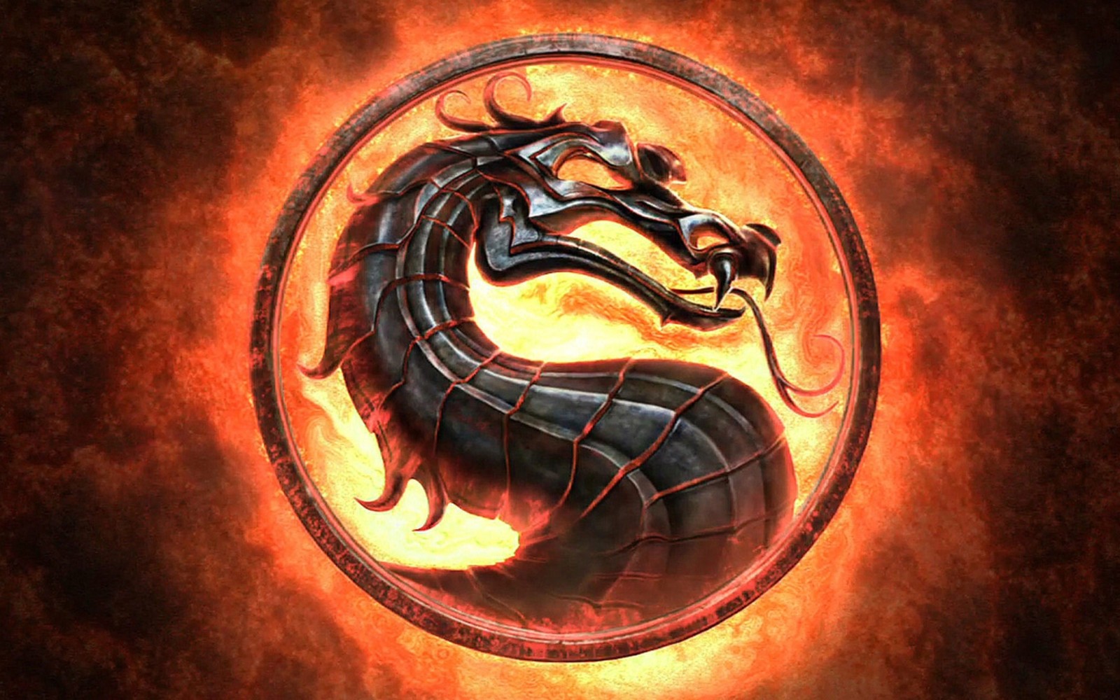 A close up of a dragon in a circle with flames (mortal kombat x, mortal kombat, dragon, graphics, art)